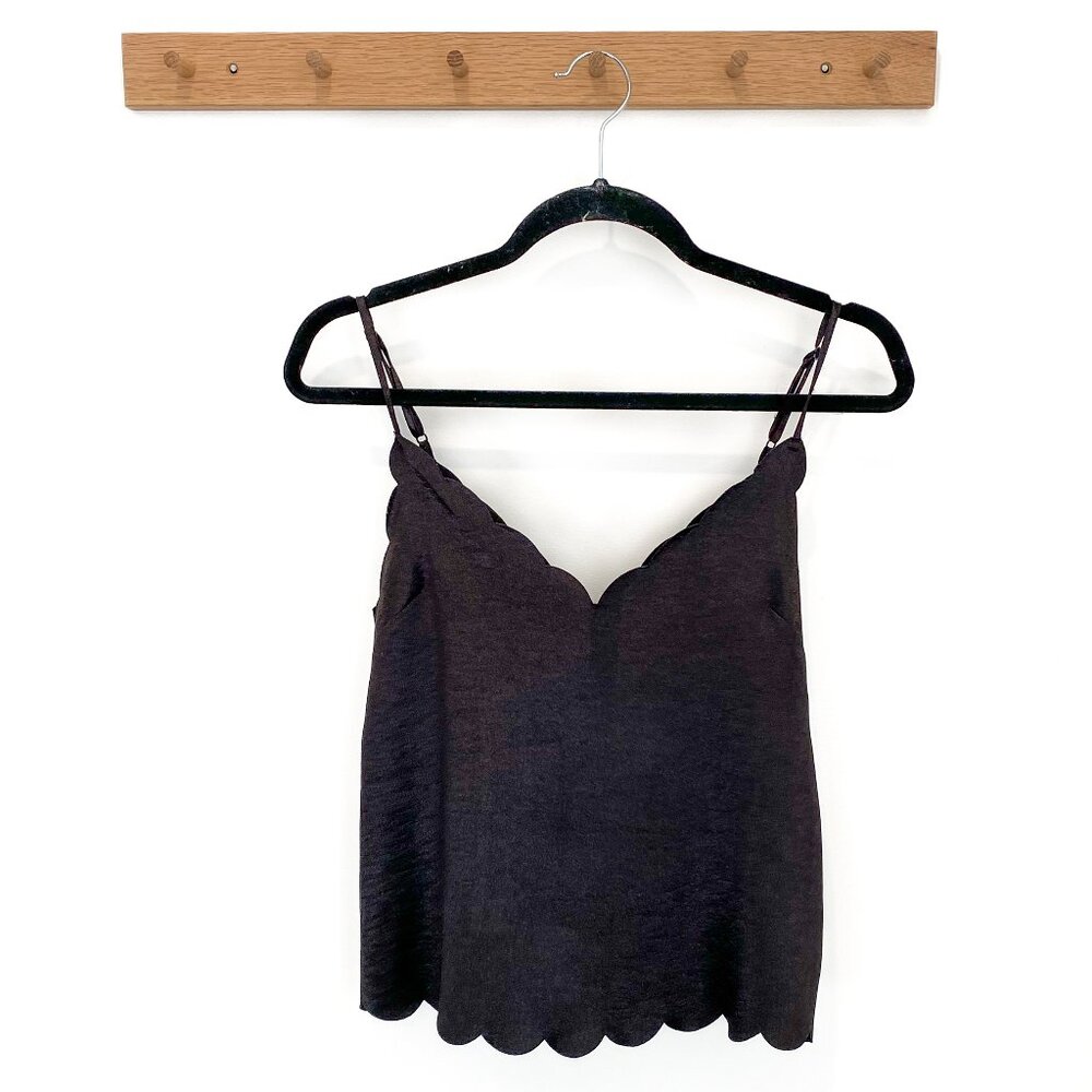 Silky Black Tank with Scalloped Edges and Sweetheart Neckline Size XXS